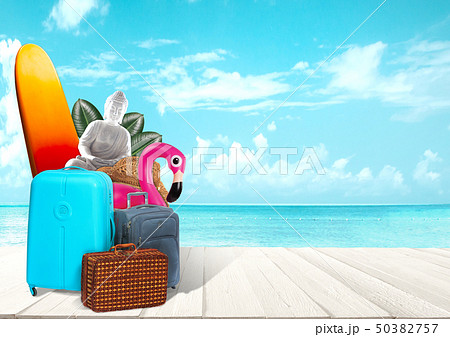 Collage of luggage for travel in front of ocean view 50382757