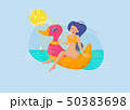 Hello summer beach girl sunbath vector illustration. Sexy pretty girl or woman sitting on a beach 50383698