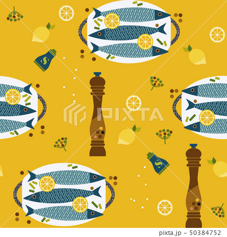 Flat hand drawn fish cooking icons seamless 50384752