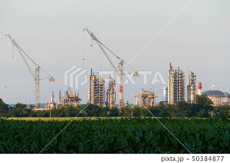 A huge oil refinery with cranes under construction A huge oil refinery with cranes under construction 50384877