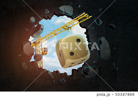 3d rendering of construction crane and golden casino dice seen through gap in black wall 3d rendering of construction crane and golden casino dice seen through gap in black wall 50387866