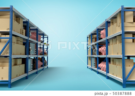 3d rendering of two silver blue metal racks with cardboard boxes on blue background 50387888