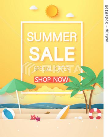 Summer sale , sea and beach with stuff , paper art Summer sale , sea and beach with stuff , paper art 50389169