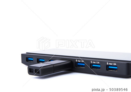 Detailed view of black USB hub with many ports, Detailed view of black USB hub with many ports, 50389546