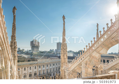 View from roof of Duomo to spires with statues and 50391973