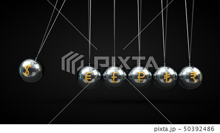 Newton's Cradle silver balls and golden currency symbols. 3d illustration, on black backgorund Newton's Cradle silver balls and golden currency symbols. 3d illustration, on black backgorund 50392486