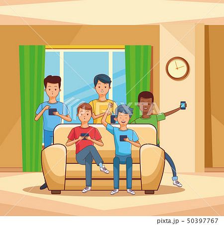 teenagers using smartphone seated on sofa teenagers using smartphone seated on sofa 50397767