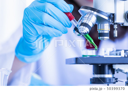 Scientist dropping liquid to petri dish.. Scientist dropping liquid to petri dish.. 50399370