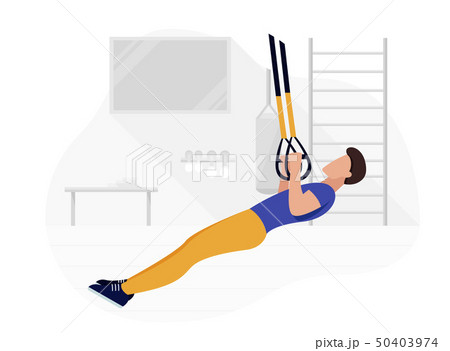 Fit man working out on trx doing bodyweight exercises. Fitness strength training workout. 50403974