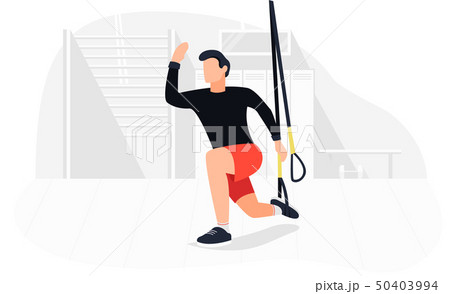 Fit man working out on trx doing bodyweight exercises. Fitness strength training workout. 50403994