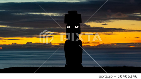 Ahu Ko Te Riku moai with eyes in Rapa Nui at dusk, long exposure 50406346