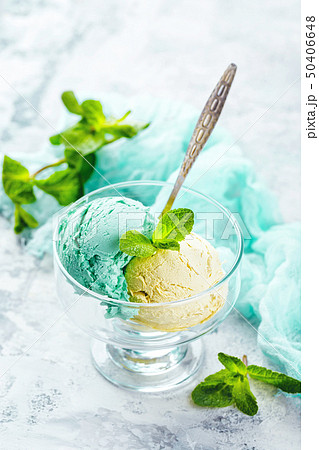 Ice cream with mint in ceramic bowl Ice cream with mint in ceramic bowl 50406648