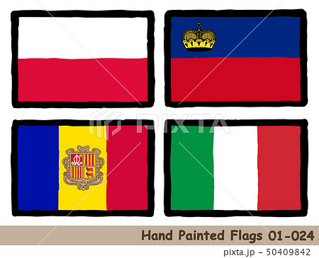 手描きの旗アイコン「ポーランドの国旗」「リヒテンシュタインの国旗」「アンドラの国旗」「イタリアの国旗