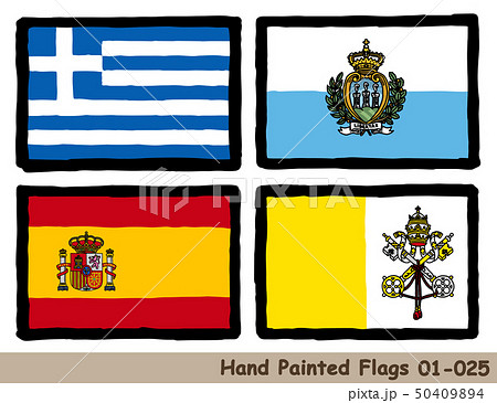手描きの旗アイコン「ギリシャの国旗」「サンマリノの国旗」「スペインの国旗」「バチカンの国旗」