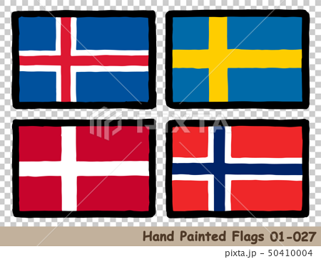 手描きの旗アイコン アイスランドの国旗 スウェーデンの国旗 デンマークの国旗 ノルウェーの国旗のイラスト素材