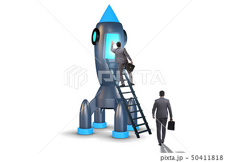 Businessman with rocket isolated on white background 50411818