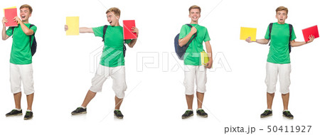 Young student with backpack and notes isolated on white  50411927