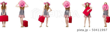 Young woman with suitcase isolated on white Young woman with suitcase isolated on white 50411997