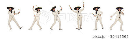 Funny mexican in suit holding maracas isolated on white 50412562