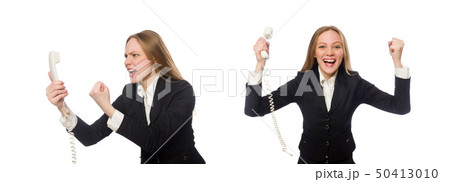 Pretty office employee holding phone isolated on white 50413010