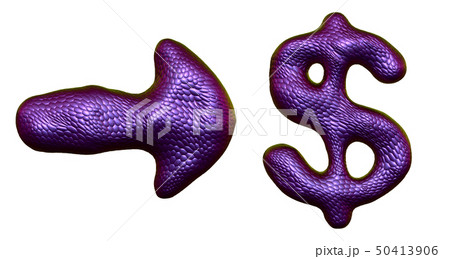 Symbol collection arrow and dollar made of 3d render purple color. Collection of natural snake skin Symbol collection arrow and dollar made of 3d render purple color. Collection of natural snake skin 50413906