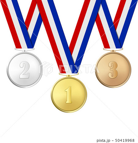 Vector 3d Realistic Gold, Silver and Bronze Award Medals Icon Set with Color Ribbons Closeup 50419968