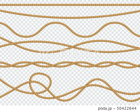 Realistic fiber ropes. Curve rope nautical cord straight lasso marine border brown jute twine 50422644