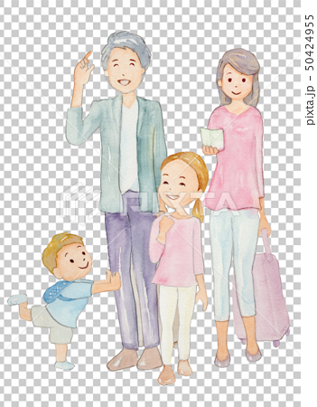 家族旅行 仲良し4人家族 手描き水彩画のイラスト素材 50424955 Pixta