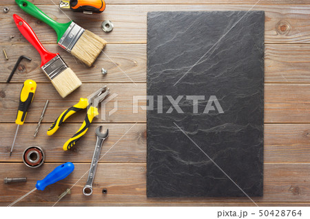 set of tools and instruments at wooden background set of tools and instruments at wooden background 50428764