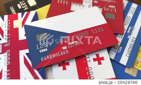 Many credit cards with different flags, emphasized bank card with flag of the Czech Republic. 3D 50429766