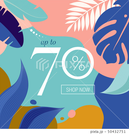 Summer Sale poster with tropic leaves and flamingo, banner and background in modern flat style 50432751