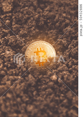 Bitcoin coin in the ground, treasure. Close-up of 50432886
