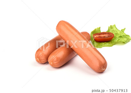 Three fresh boiled sausages with lettuce Three fresh boiled sausages with lettuce 50437913