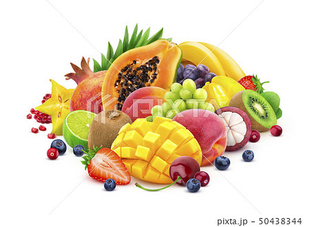 Assortment of exotic fruits and berries isolated on white background with clipping path Assortment of exotic fruits and berries isolated on white background with clipping path 50438344