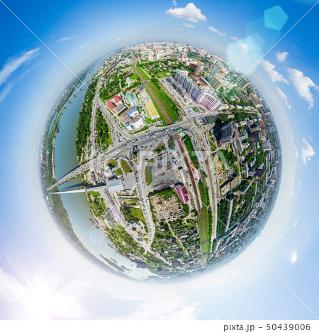 Aerial city view with crossroads and roads, houses buildings. Copter shot. Panoramic image. Aerial city view with crossroads and roads, houses buildings. Copter shot. Panoramic image. 50439006