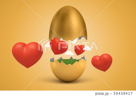 3d rendering of red hearts flying out of broken golden egg on yellow background 50439417