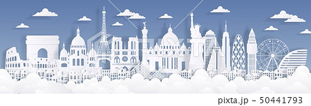 Paper cut landmarks. Travel the world background, skyline advertising card, Paris London Rome Paper cut landmarks. Travel the world background, skyline advertising card, Paris London Rome 50441793