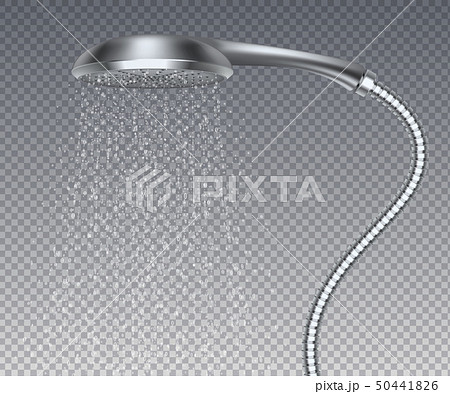 Bathroom metal head. Realistic water rain shower, isolated metal sprinkler with water spray. Vector 50441826