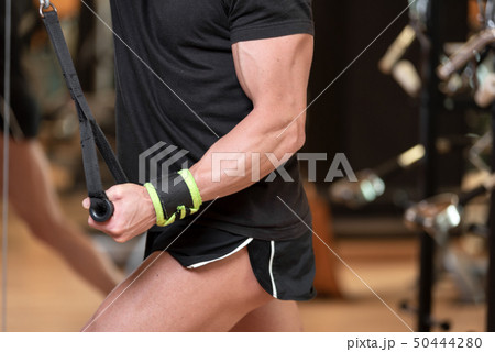 Young fit muscular man close up doing triceps pull down rope extension exercise in modern fitness 50444280
