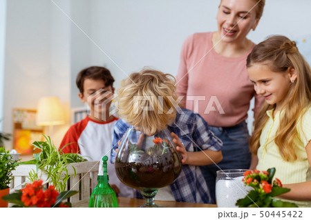 Pupil looking at cactuses standing near teacher and classmates 50445422