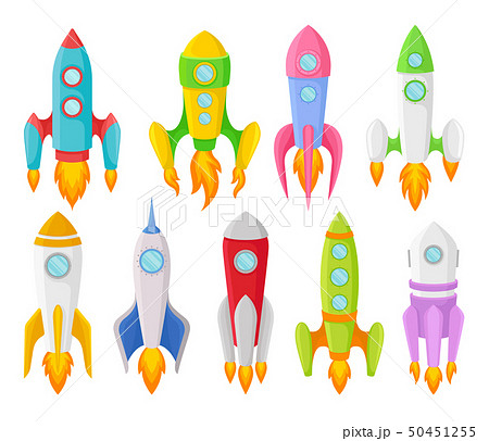Nine multi-colored children rockets of different shapes. Vector illustration Nine multi-colored children rockets of different shapes. Vector illustration 50451255