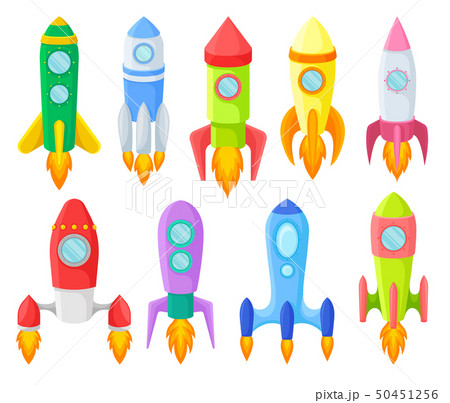 Icon set of multicolored children s rockets. Vector illustration. Icon set of multicolored children s rockets. Vector illustration. 50451256