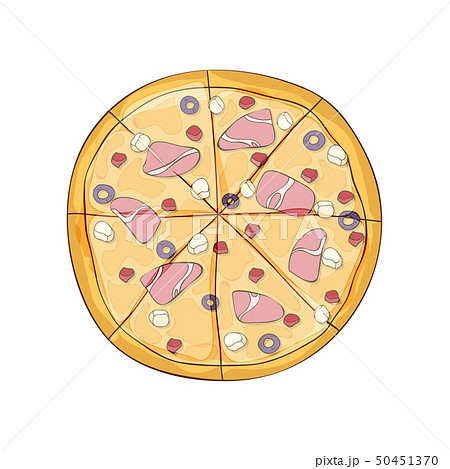 Ready pizza with ham and olives. Vector illustration. 50451370