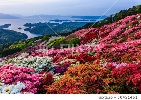 長串山つつじまつりと九十九島 日没後 長崎県佐世保市鹿町町 の写真素材