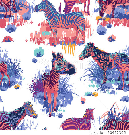 The herd of zebras sowing in steppe landscape 50452306