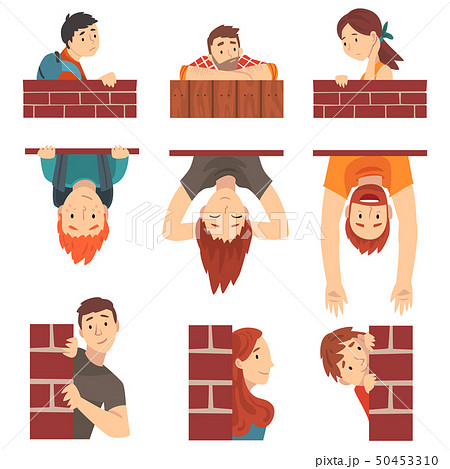 People Hiding Behind Brick Wall and Peeping Set Cartoon Vector Illustration 50453310