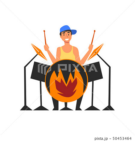 Male Drummer Playing Drums, Man Sitting Behind Drum Kit at Open Air Concert, Rock Fest, Outdoor 50453464