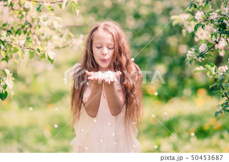 Adorable little girl in blooming apple garden on beautiful spring day 50453687