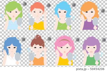 鏡を見ながらくせ毛に悩む女性達のイラスト素材