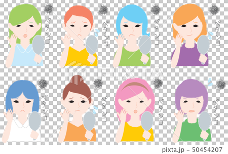 鏡をみながら髪のボリュームが少なくて悩む女性達→改善後のイラスト有り 50454207